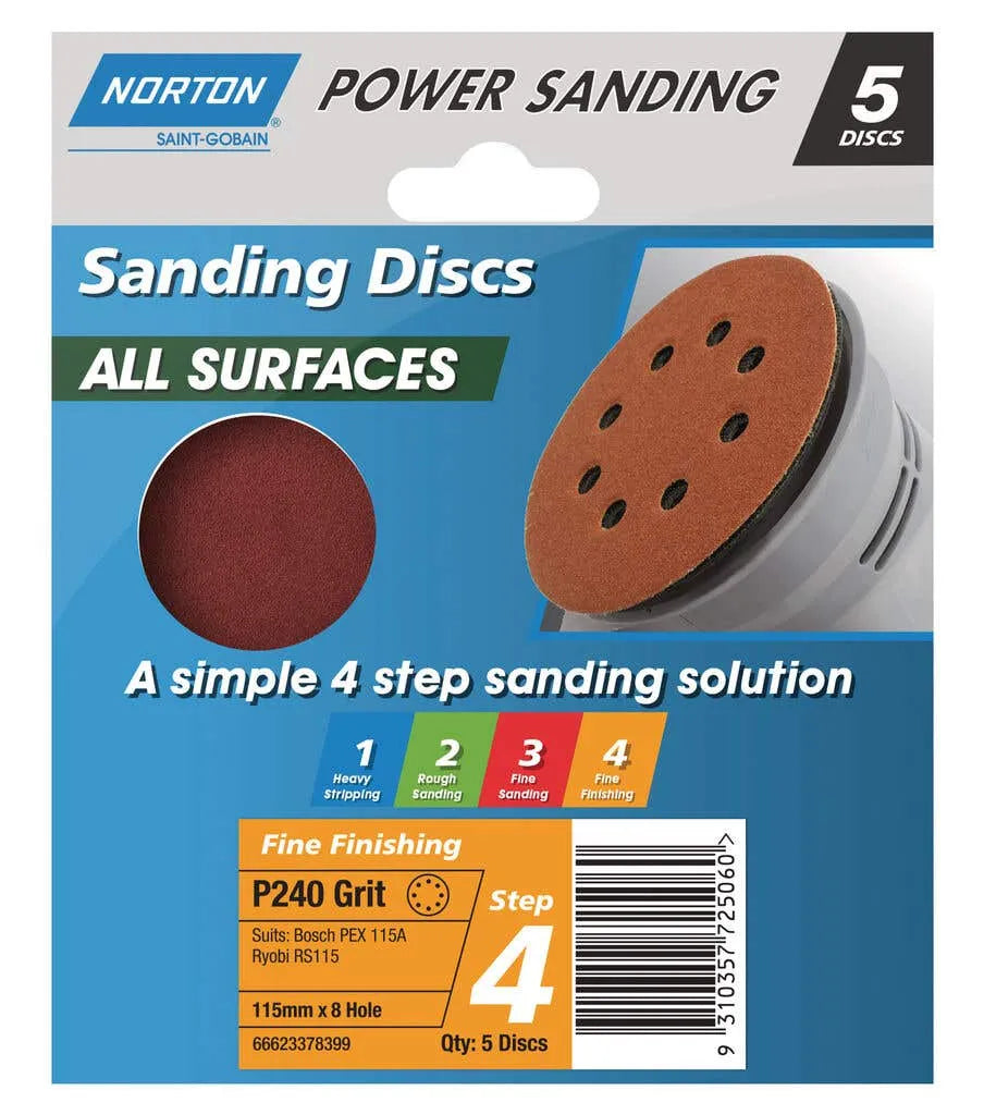 Norton Speedgrip Disc 115mm x 8H Step 4 P240 Grit 5 Pack