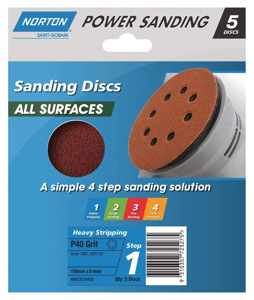 Norton Speedgrip Disc 150mm x 8h Step 1 P40 Grit 5 Pack