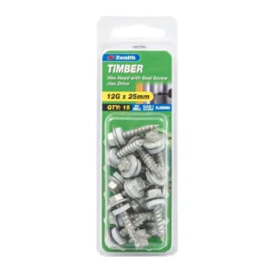 Zenith Galvanised Hex Head Timber Screw with Seal 12G x 25mm 15 Pack