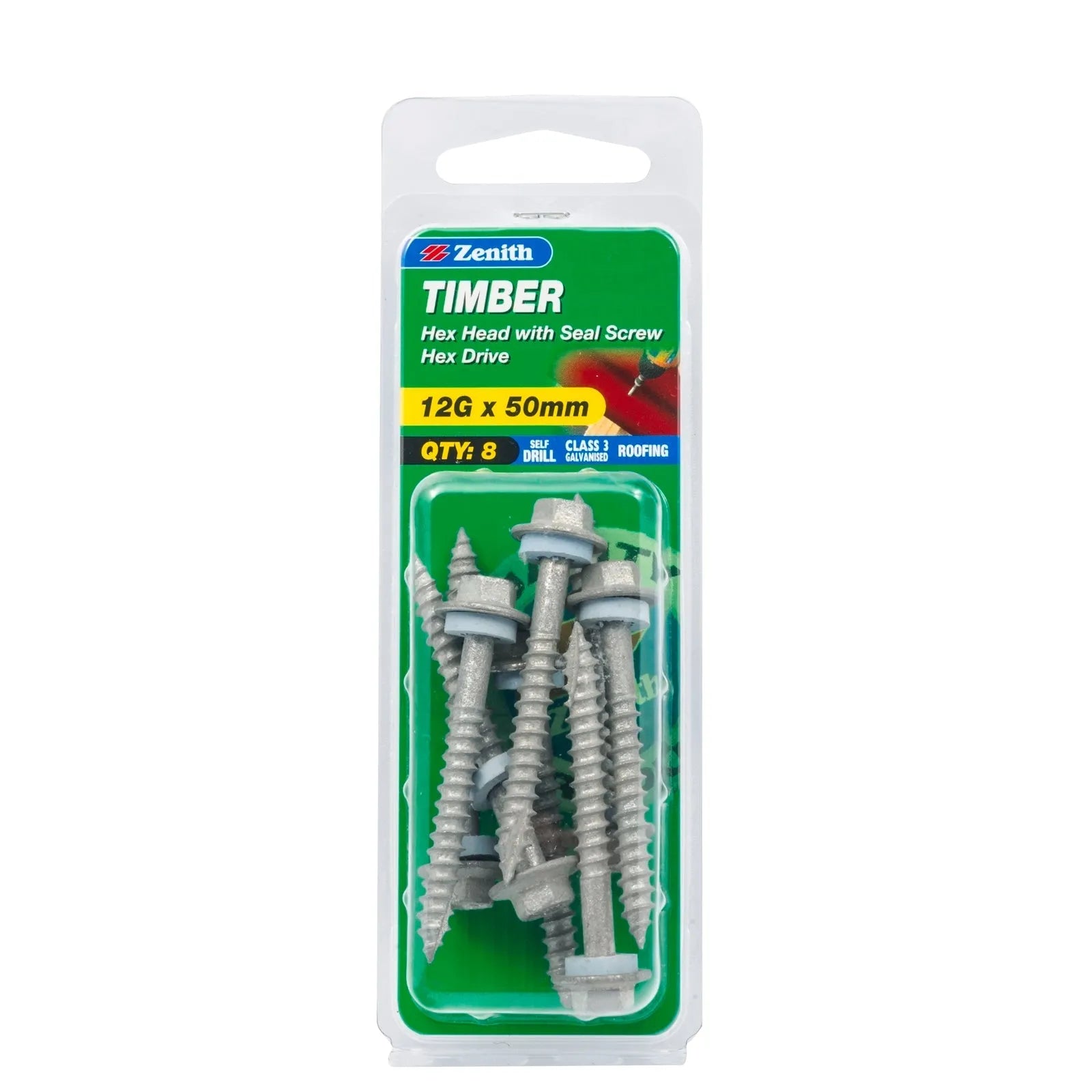 Zenith Galvanised Hex Head Timber Screw with Seal 12G x 50mm 8 Pack