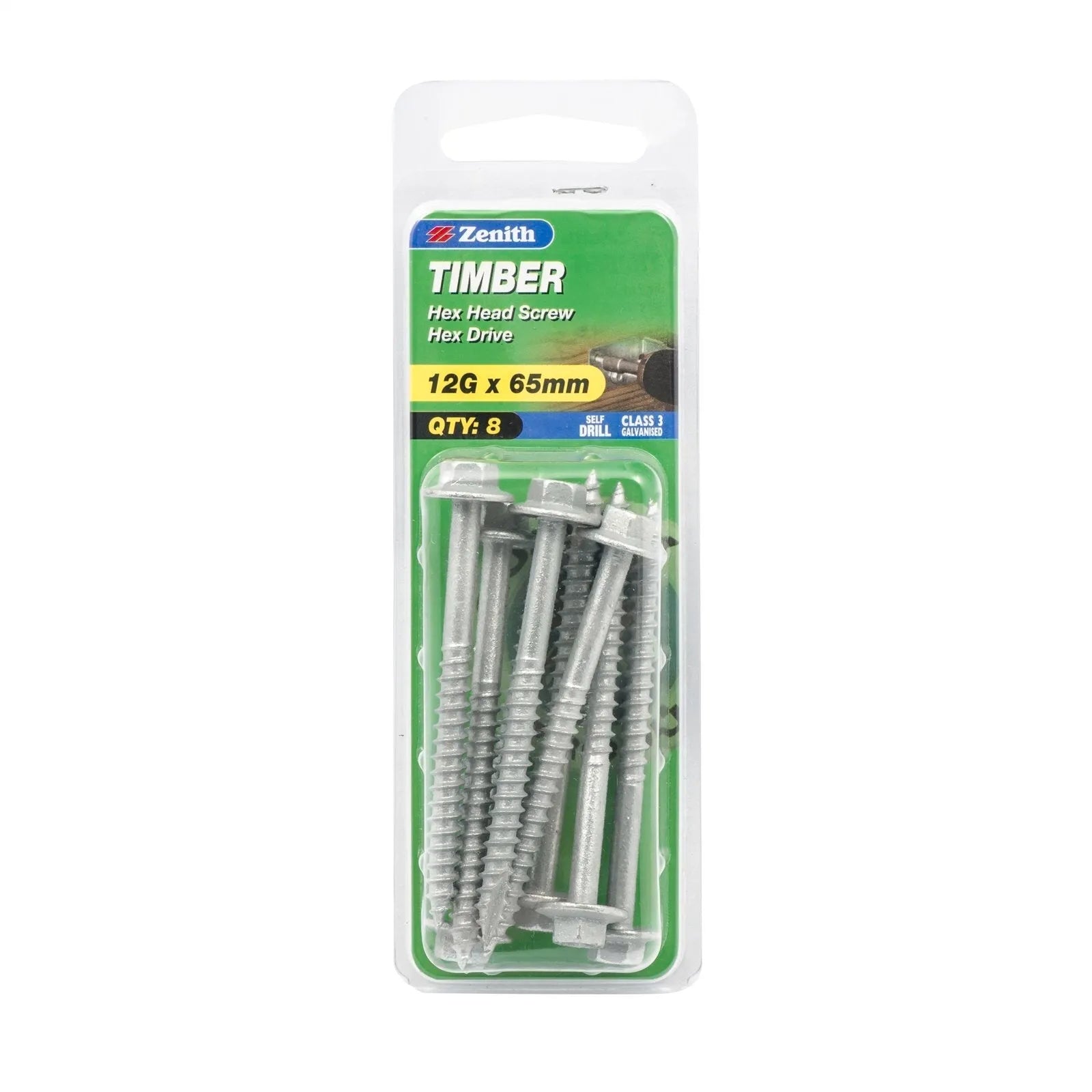 Zenith Galvanised Hex Head Timber Screw 12G x 65mm 8 Pack