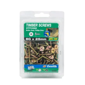 Zenith Gold Passivated Button Head Timber Screw 8G x 25mm 100 Pack