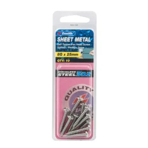 Zenith Stainless Steel Pan Head Self-Tapping Sheet Metal Screw 8G x 25mm 10 Pack