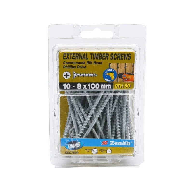 Zenith External Timber Screws Galv 10G x 100mm 50 Pack