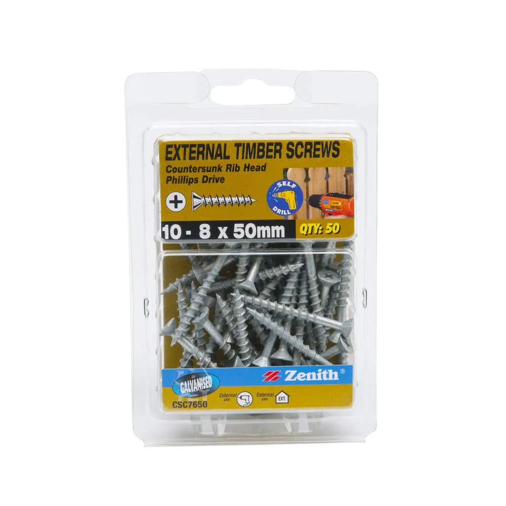Zenith External Timber Screws Galv 10G x 50mm 50 Pack