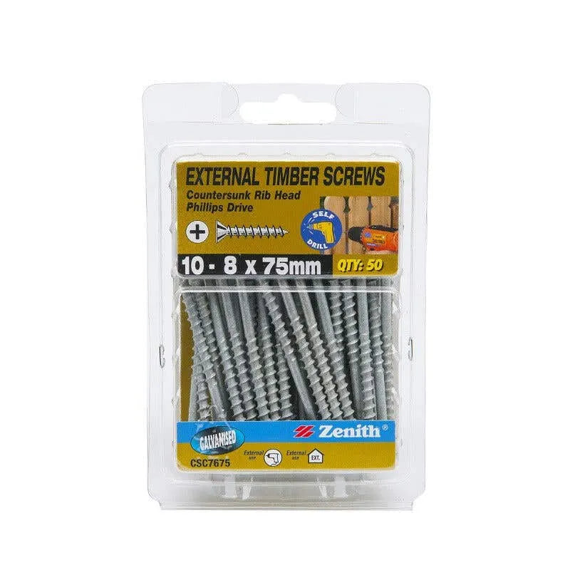 Zenith External Timber Screws Galv 10G x 75mm 50 Pack