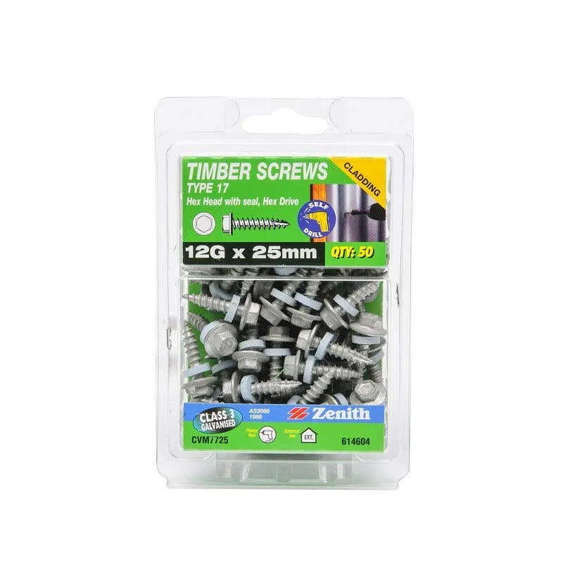 Zenith Timber Screw Type 17 Hex w/Seal 12G x 25mm 50pk