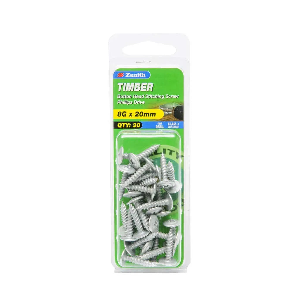 Zenith Timber Screws Button Galv 8G x 20mm 30 Pack