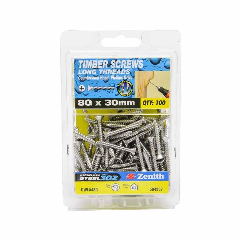 Zenith Timber Screws Countersunk Stainless Steel 8G x 30mm 100 Pack