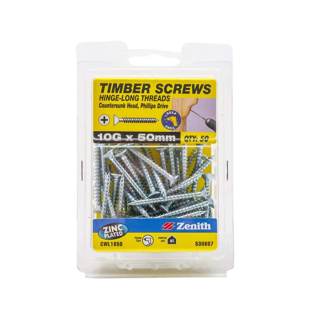 Zenith Timber Screws Long Thread Countersunk ZP 10G x 50mm 50 Pack